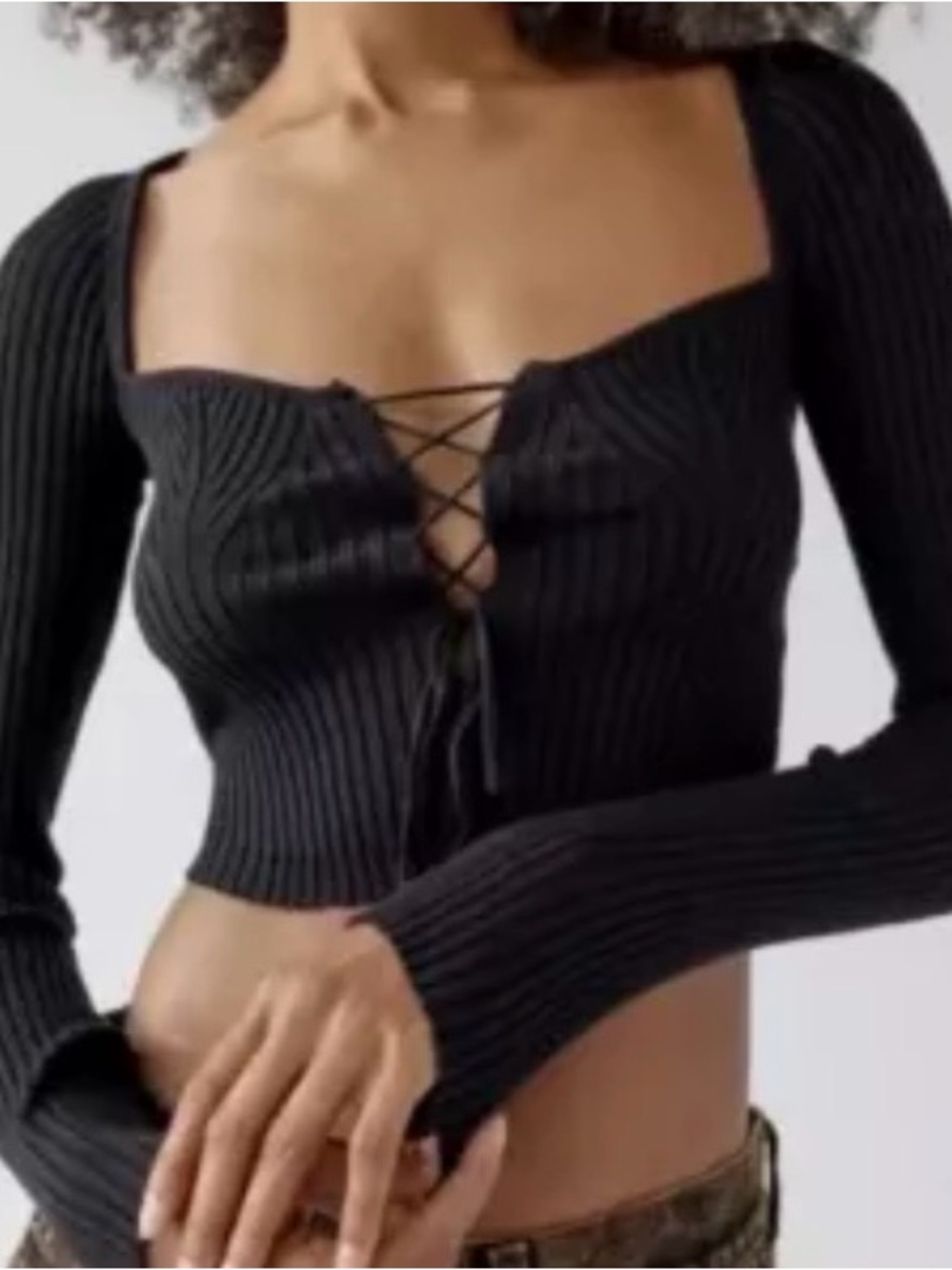 Urban Outfitters Black Lace-Up Ribbed Sweater Crop Top